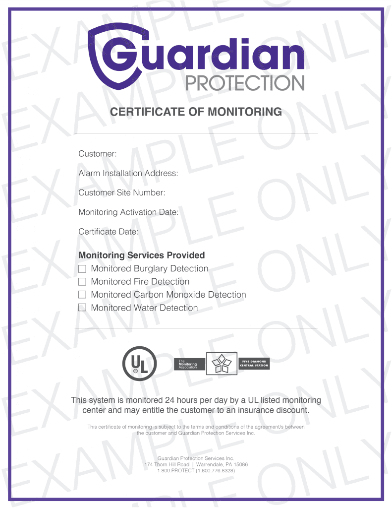 An example document of Guardian Protection's Certificate of Monitoring