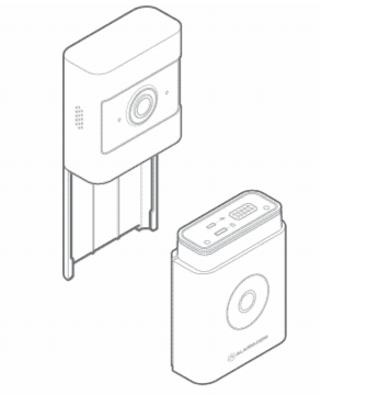 Instructional drawing showing how to remove the battery pack from the body of the wireless video doorbell.