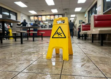 Wet floor sign on a quick service restaurant floor