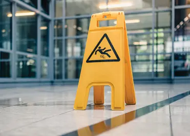 Yellow caution slip and fall sign placed within a business lobby
