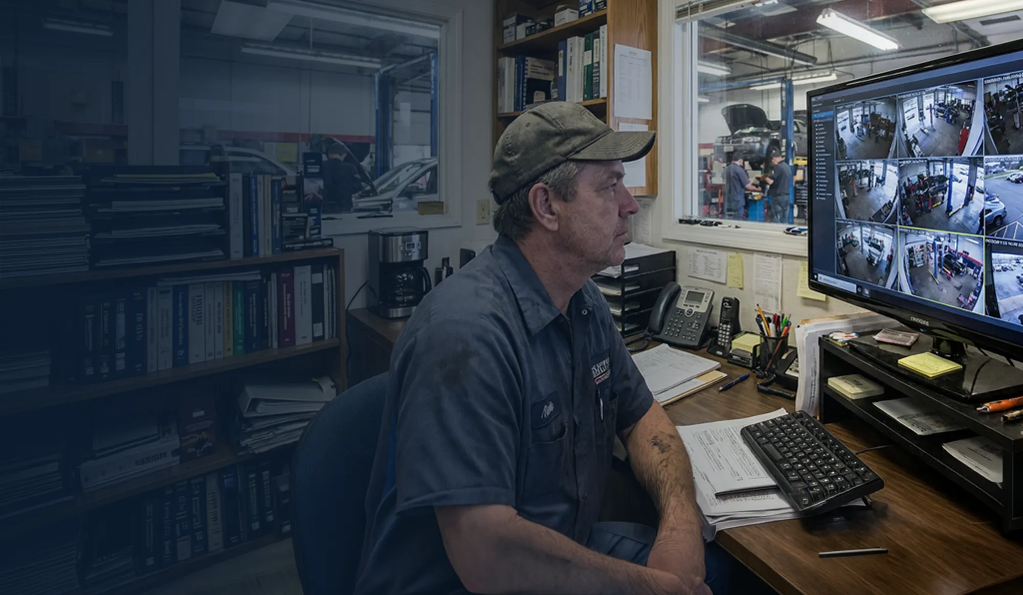Dealership general manager reviewing security camera footage on a laptop.