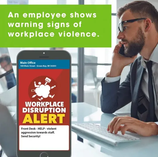 A cell phone receiving a mass notification about a workplace disruption.