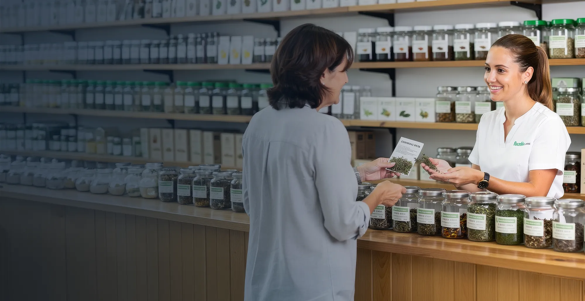 Clerk helping a customer in a cannabis dispensary interior with display cases.
