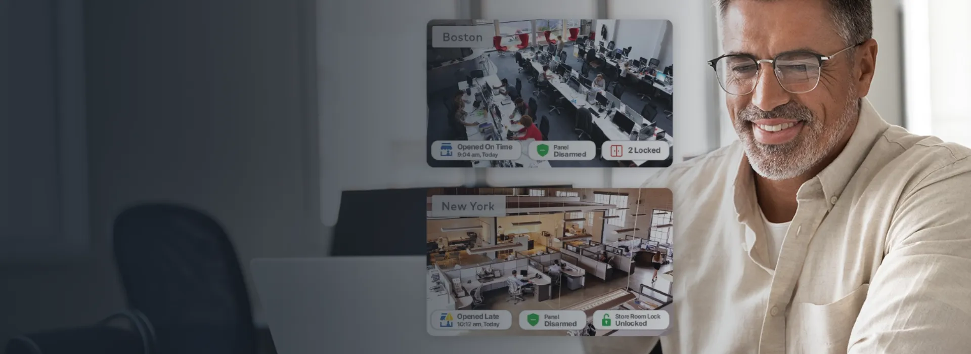 A corporate employee viewing proactive video feeds from different company locations.
