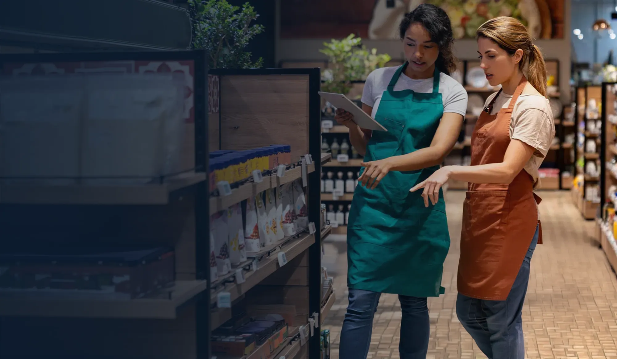 Clerks taking inventory in a convenience store.