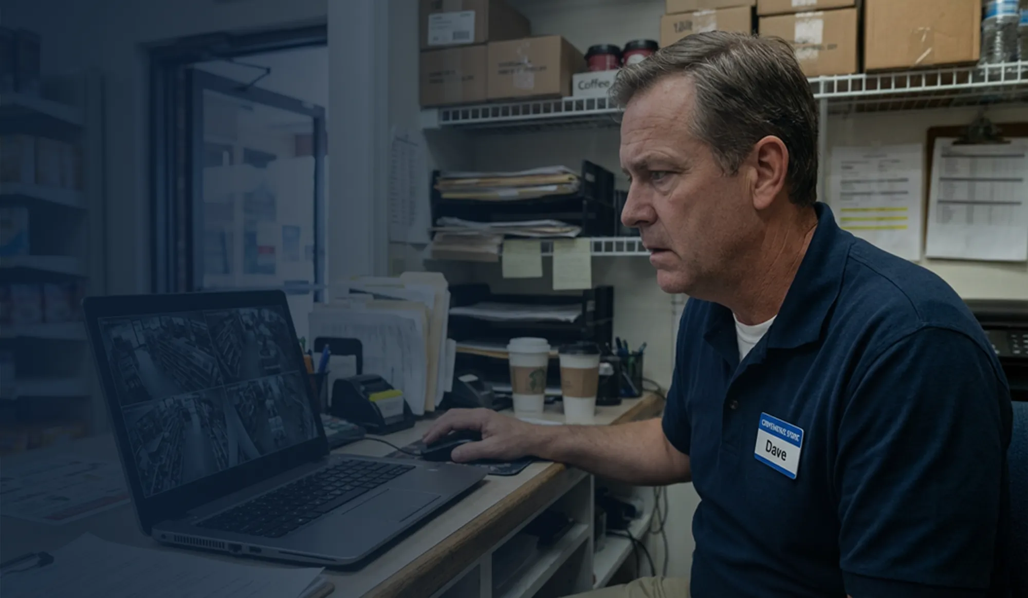 Convenience store manager reviewing security footage on a laptop.