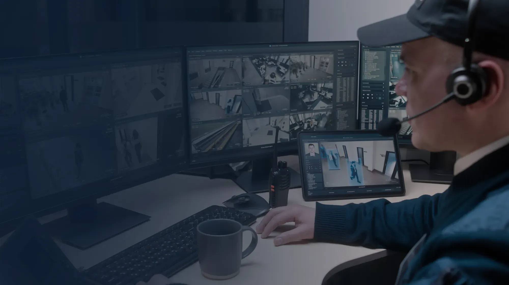 Campus security officer monitoring video feeds.