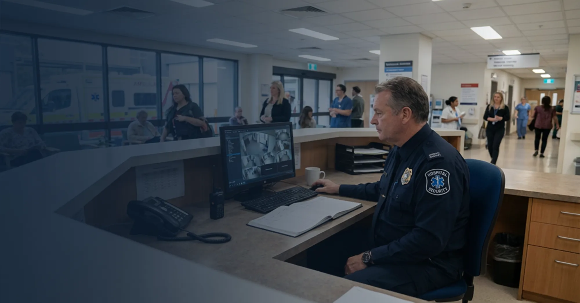 Hospital security officer monitoring an entrance.