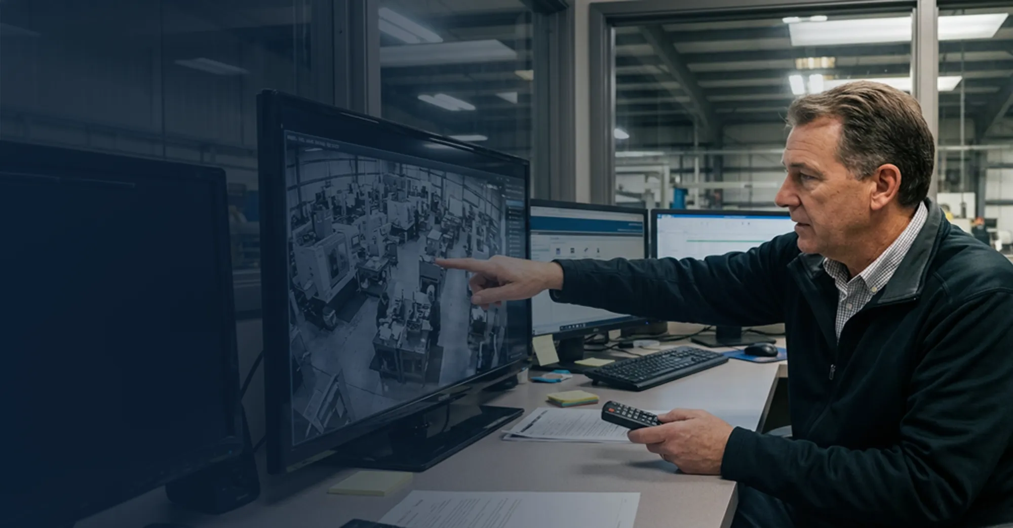 Manufacturing facility manager reviewing security camera footage.