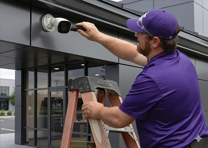 Guardian Protection professional technician installing an outdoor camera of a business security system.