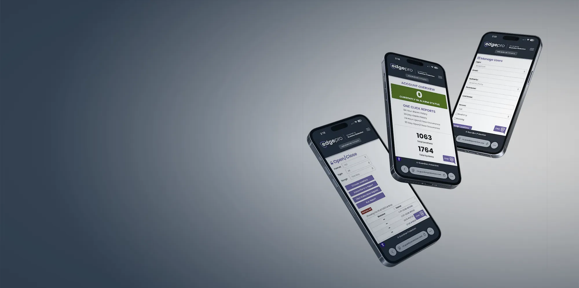 Laptop and phone displaying the Guardian Edgepro security management portal.