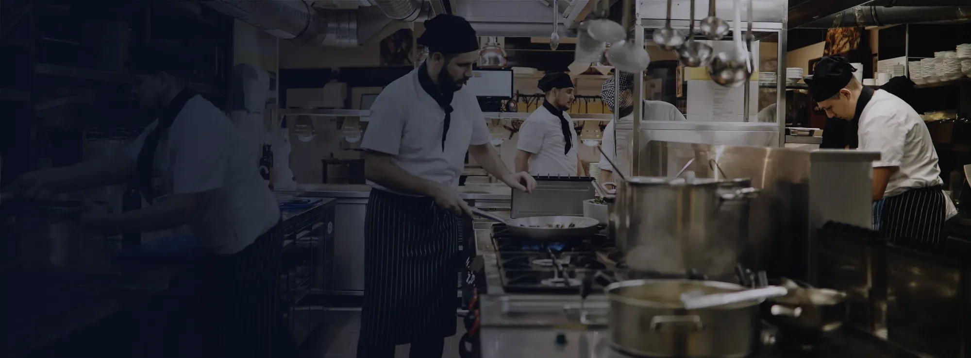 Chefs working in a commercial kitchen.