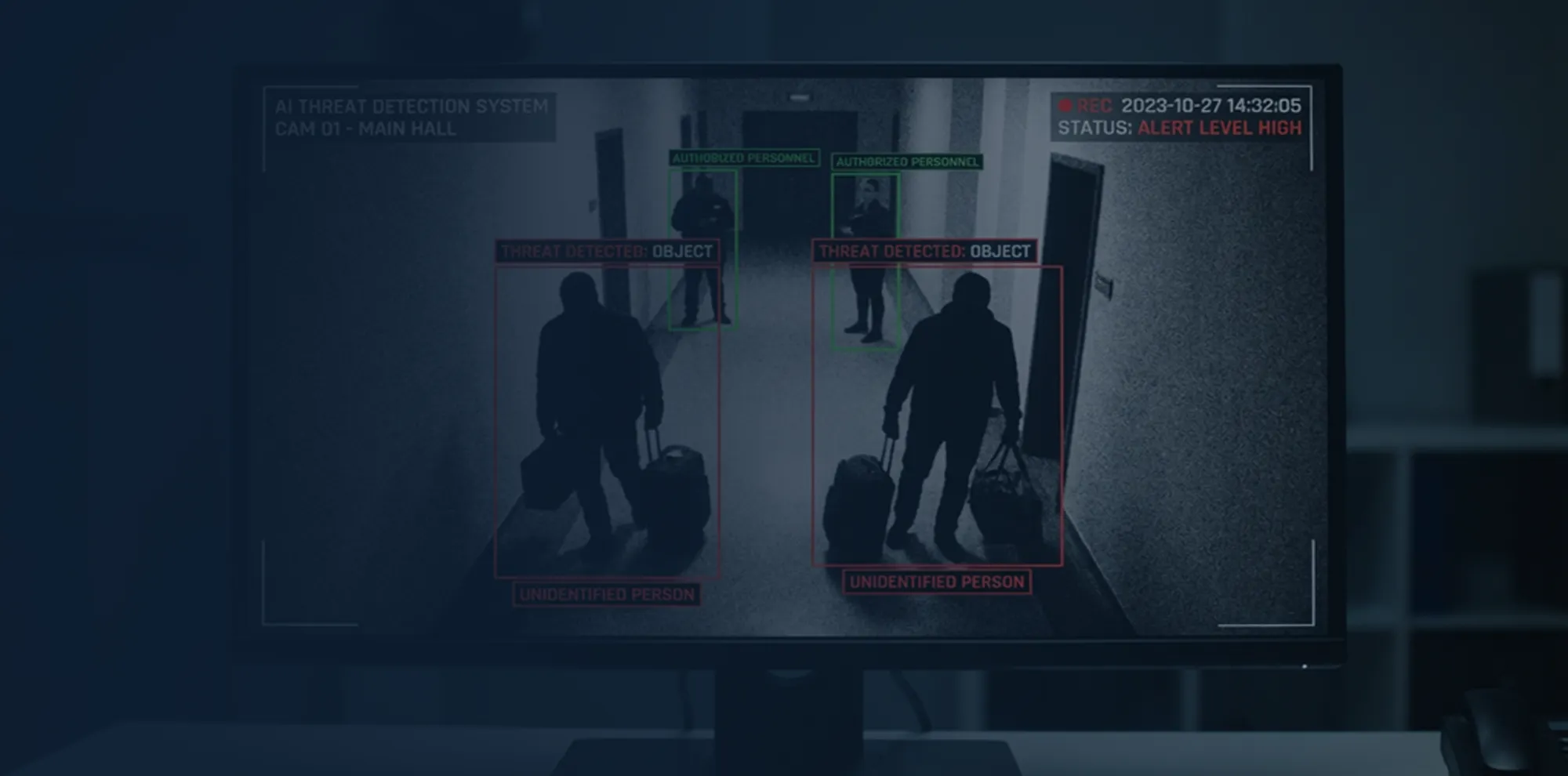 A security video feed with AI generated rectangles showing threat detection.