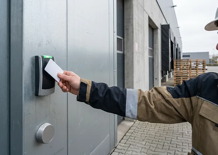 Access control card reader at a facility entry door.