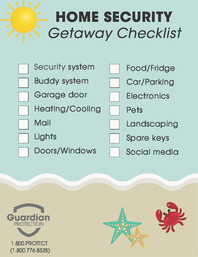 Guardian Protection graphic  displaying a home security getaway checklist