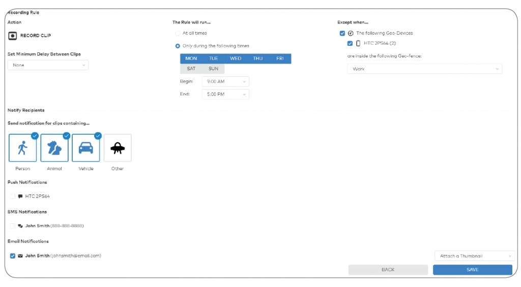 Graphic demonstrating how to set up a recording rule for a video security system.