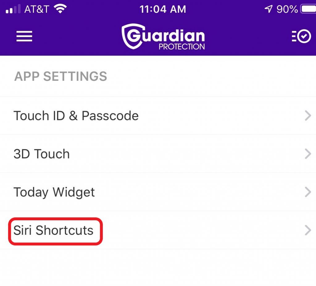 Screenshot of how to set up Siri Shortcuts in the Guardian Protection app.