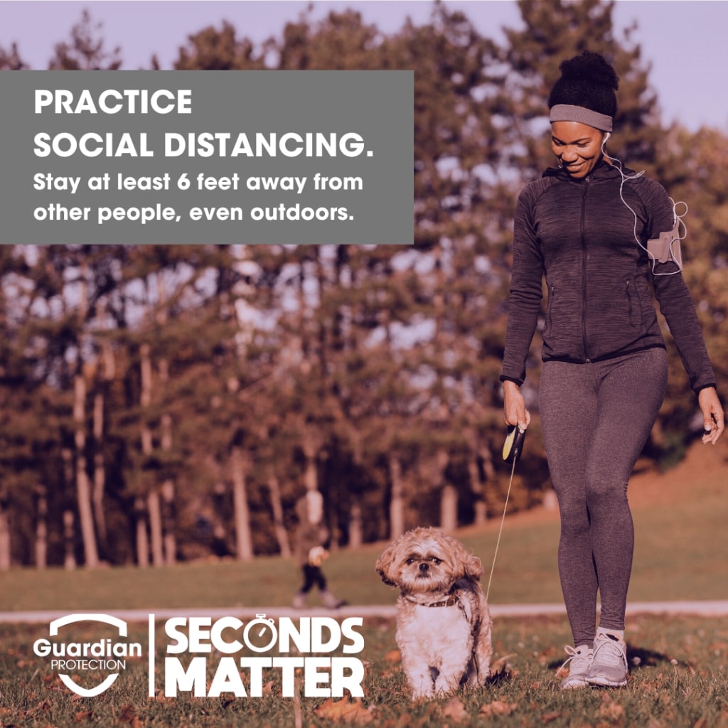 Guardian Protection infographic that reads "Practice social distancing. Stay at least 6 feet away from other people, even outdoors."