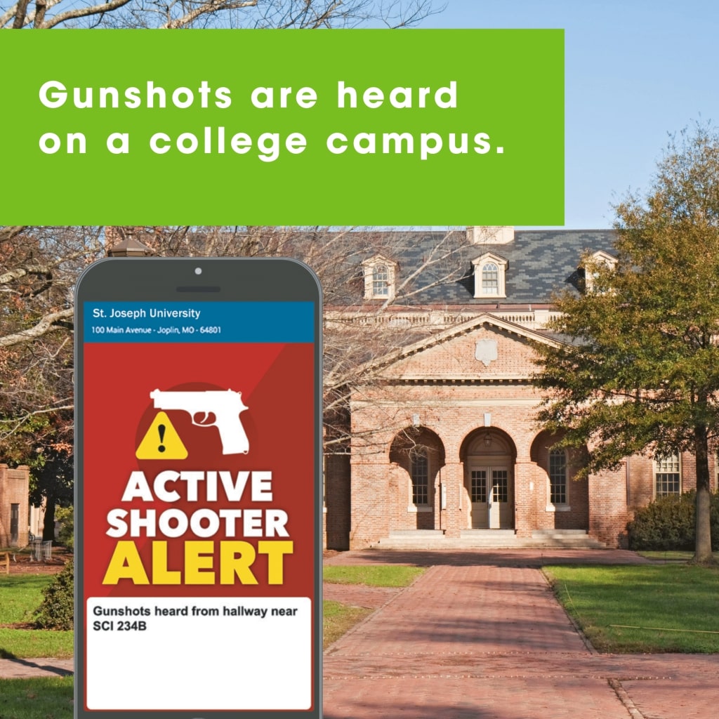 A cell phone receiving a mass notification about an active shooter on a college campus.
