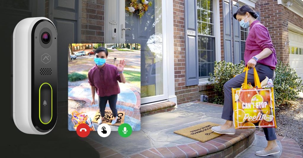 View of woman delivering groceries from Guardian Protection's Video Doorbell Camera