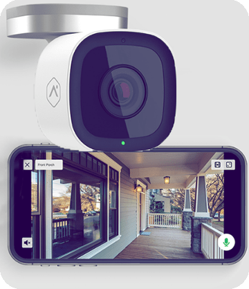 A Guardian Protection Outdoor Security Camera and a cell phone displaying a front porch