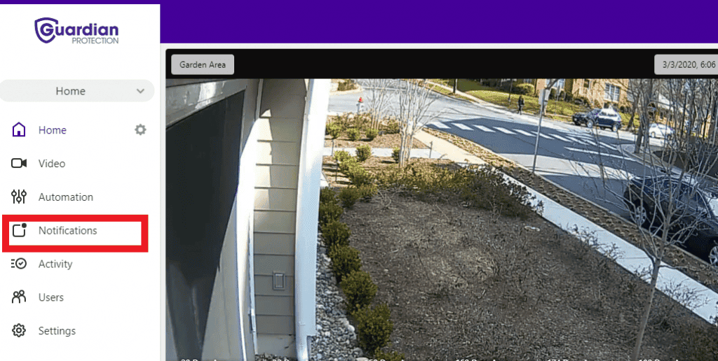 Screenshot of Guardian Protection customer portal highlighting Notifications on menu
