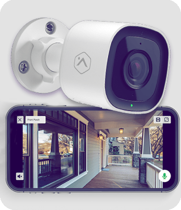 Guardian Protection outdoor security camera with video footage shown on a smartphone below camera