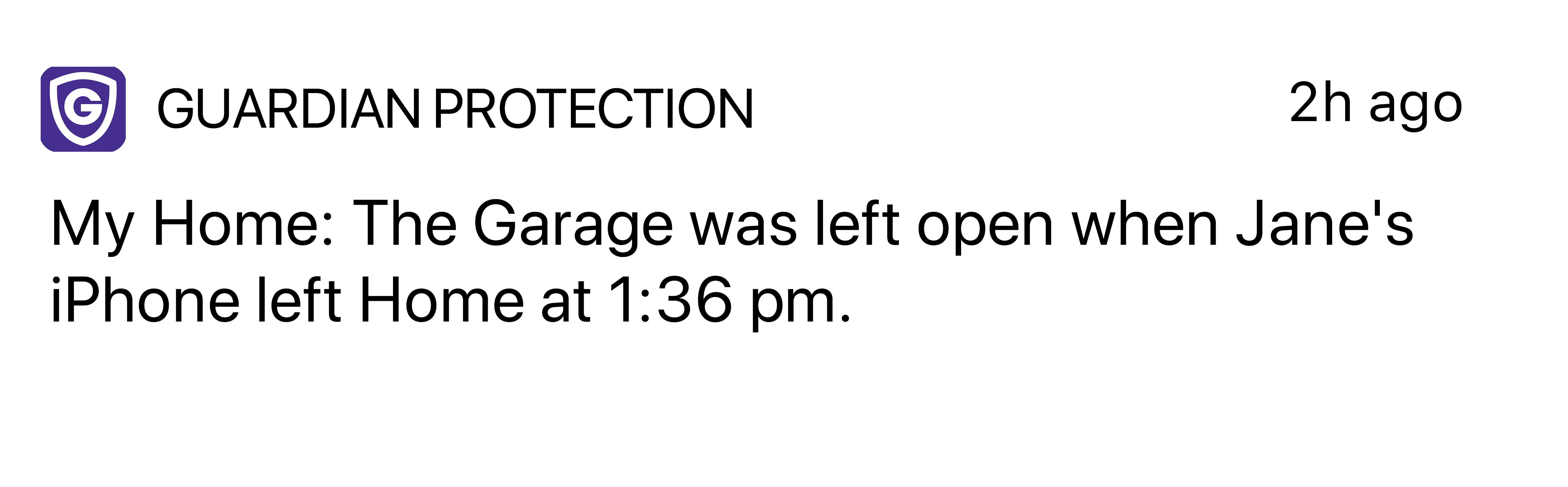 Text notification of Geo-Fencing feature on Guardian Protection's home security and automation app.