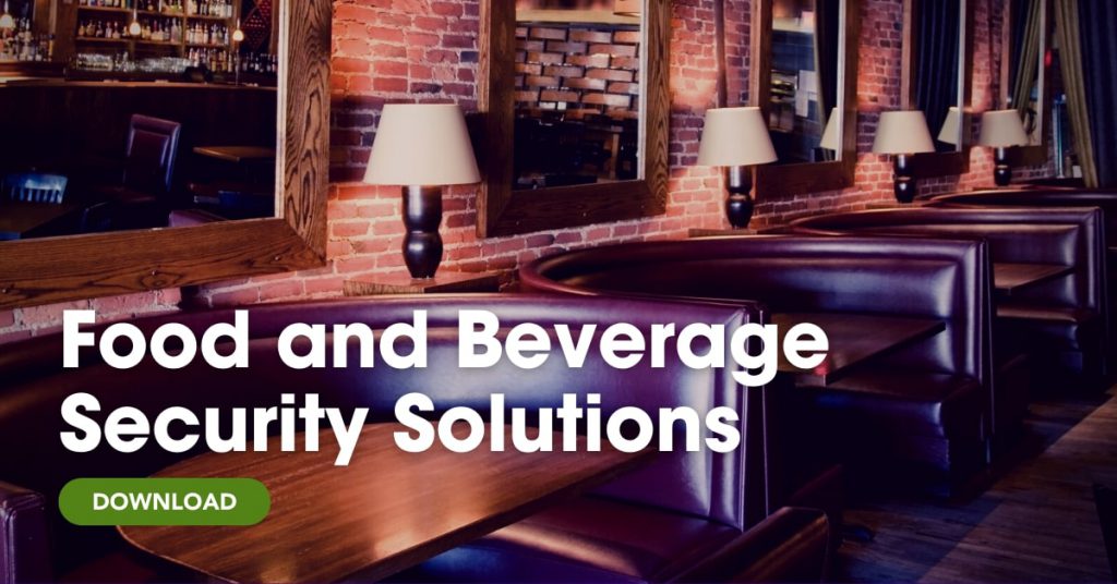 Restaurant seating area with text, "Food and Beverage Security Solutions, Download."