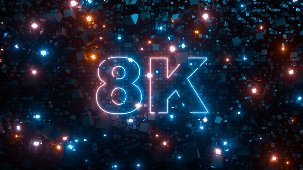 Graphic of neon light that reads, "8K"