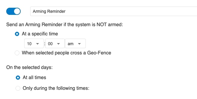 Screen shot of Guardian account and how to set up arming reminders during specific times
