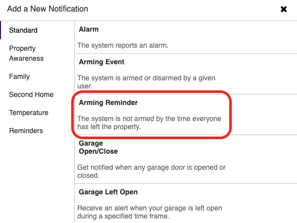 Screen shot of Guardian Protection account showing how to set Arming Reminders