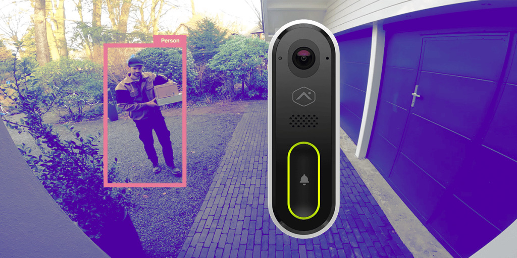 Man delivering package and view from Guardian Protection's Video Doorbell Pro