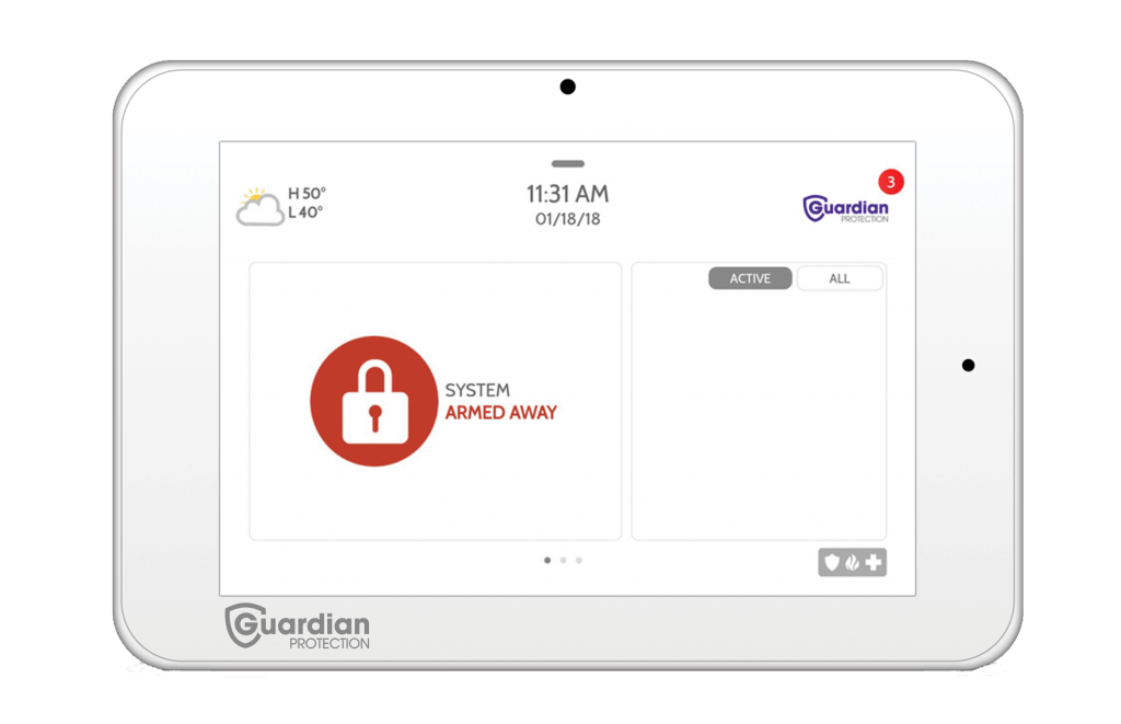 Image shows an example of what the Guardian IQ2 home security panel looks like.