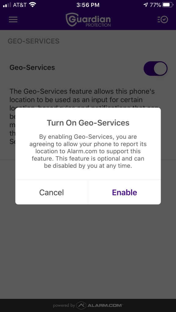 A screenshot shows how to turn on geo-services on the Guardian Protection app.