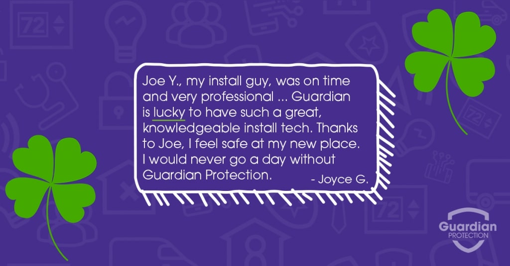 This graphic shows a testimonial about Guardian Protection from Joyce G, who said their installation process went smoothly.
