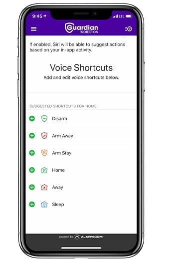 Screenshot of how to set up Siri Voice Shortcuts in the Guardian Protection app.