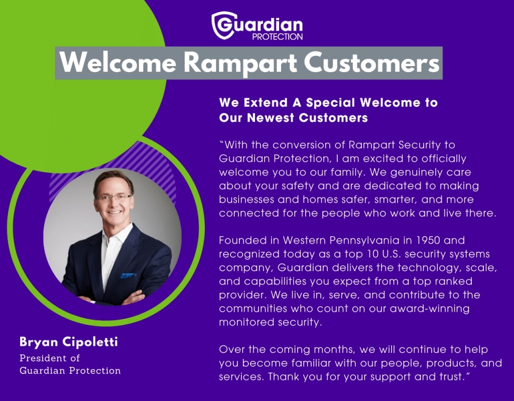 Welcome messaging to Rampart customers from Guardian Protection President