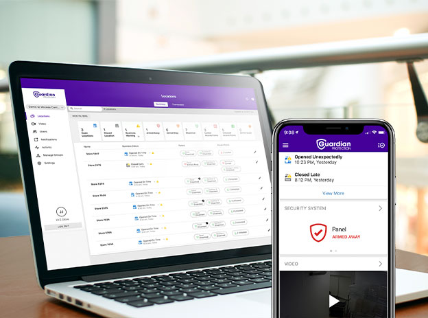 Guardian Protection's Business Security Management tool open on a laptop and iPhone