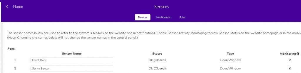 Screen shot of how to use security device sensors to set up Santa alert in Guardian profile