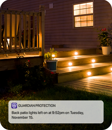 Lights on outside with a Guardian Protection notification letting user know that the patio lights are on