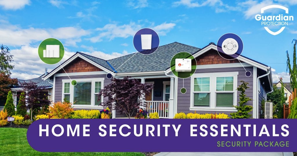 House highlighting the devices included in Guardian Protection's Home Security Essentials security package