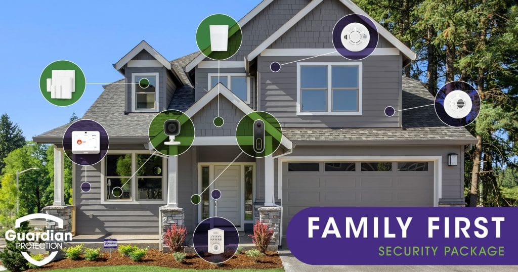 Graphic showing all of the devices included in Guardian Protection's family first home security package