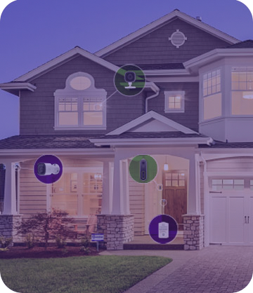 Exterior of home with icons to show where security devices can be installed