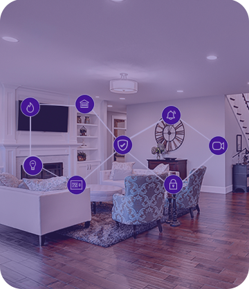 Living room with icons to show automation within the home