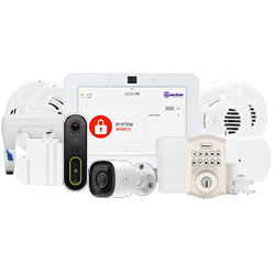 Package of home security equipment, cameras, smoke alarms, security panel