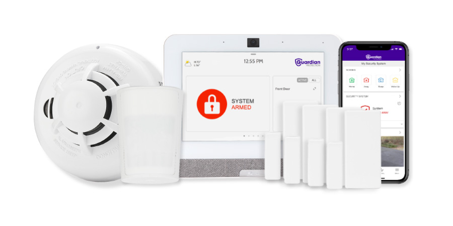 The Essentials Home Security Package with various security devices, panel, motion sensor, mobile app.