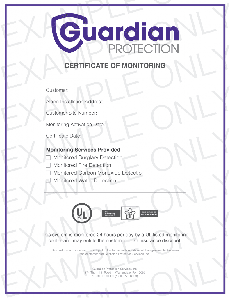 An example document of Guardian Protection's Certificate of Monitoring