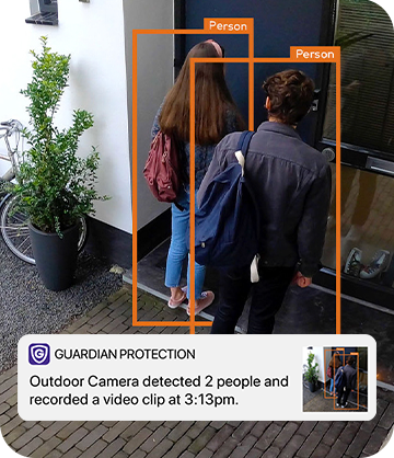 Guardian security camera's video analytics detecting people and mobile app notification
