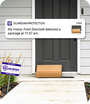 Package on doorstep with mobile alert from Guardian app notifying delivery